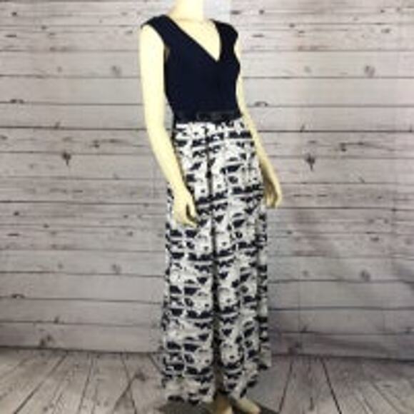 Teri Jon Knot front V-Neck Printed Navy & White Ball evening Gown dress size 2 - Picture 9 of 13